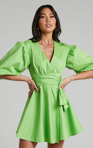 Puff sleeve mini wrap dress (lime)